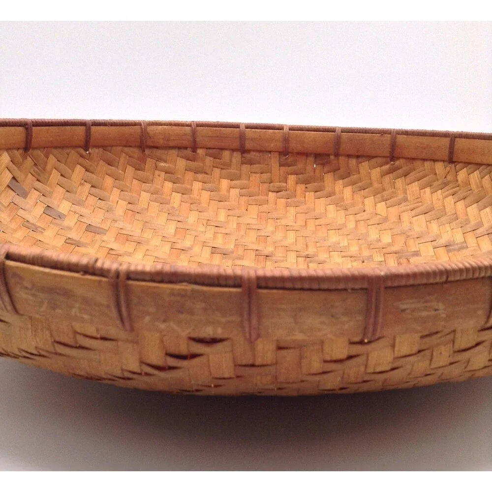 Vtg Bamboo Woven Basket Oval Handmade Storage Gathering Bowl Boho Home Decor 15